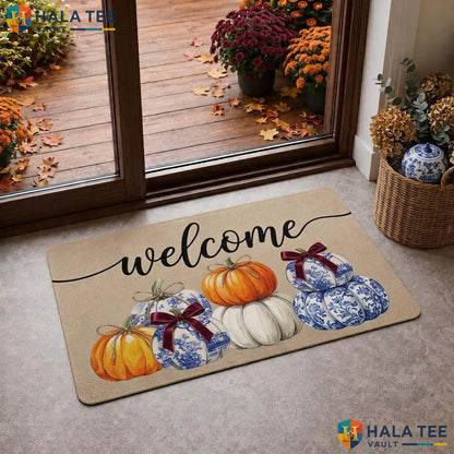 Pumpkin Welcome Fall Doormat Cozy Outdoor Halloween Entrance Rug Decor