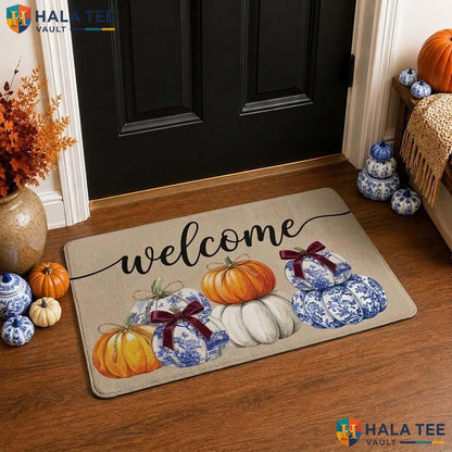 Pumpkin Welcome Fall Front door mat Cozy Outdoor Halloween Entrance Rug Decor