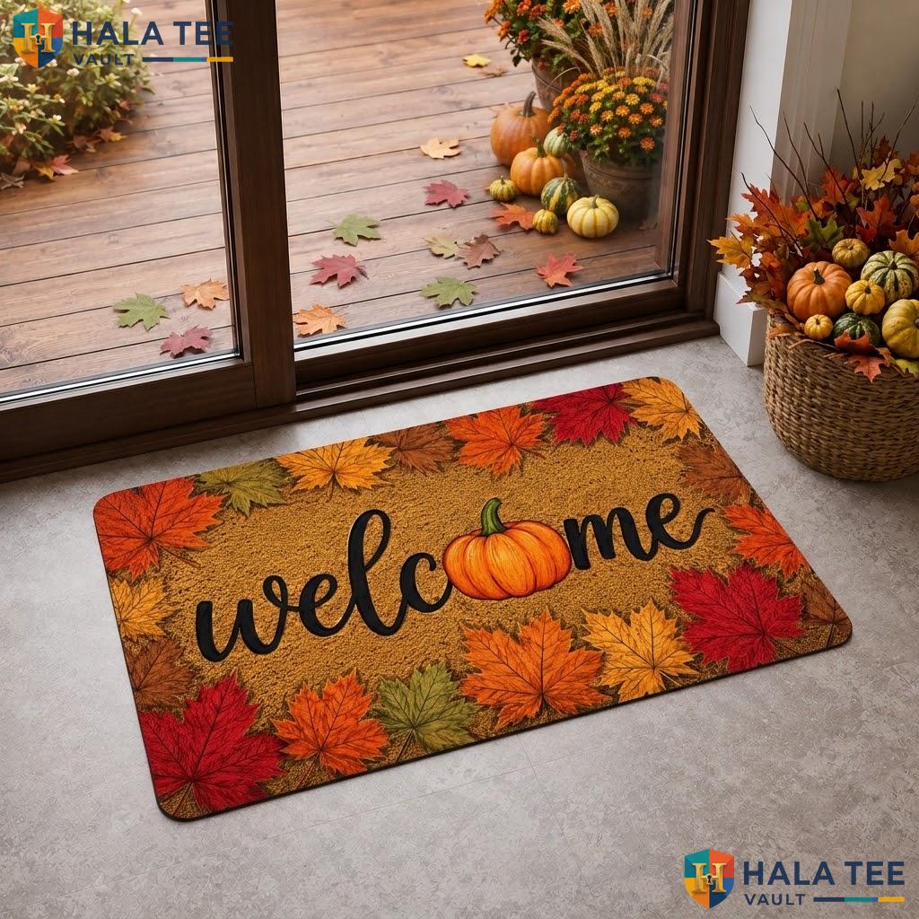 Pumpkin Welcome Halloween Doormat Black Cat Faux Coir Spooky Front Porch Rug