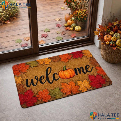 Pumpkin Welcome Halloween Doormat Black Cat Faux Coir Spooky Front Porch Rug