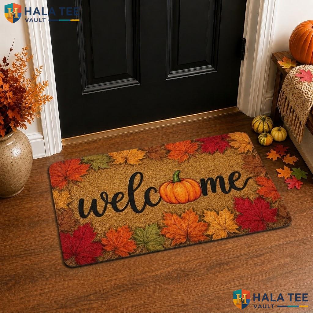 Pumpkin Welcome Halloween Front door mat Black Cat Faux Coir Spooky Front Porch Rug