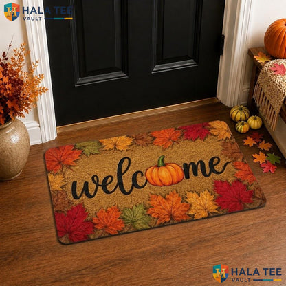 Pumpkin Welcome Halloween Front door mat Black Cat Faux Coir Spooky Front Porch Rug