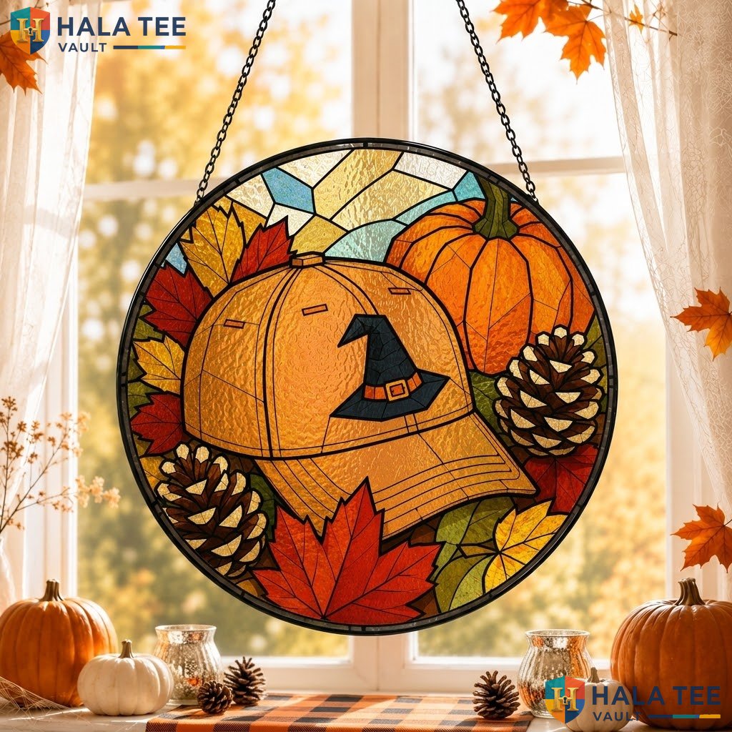 Pumpkin Witch Halloween Stained Glass Suncatcher Whimsical Baseball Cap Accent