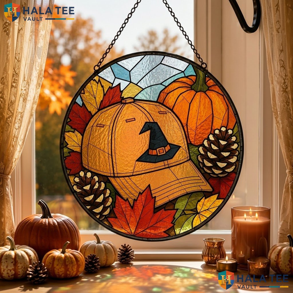 Pumpkin Witch Halloween Stained Glass Suncatcher Whimsical Baseball Cap Accent Adult