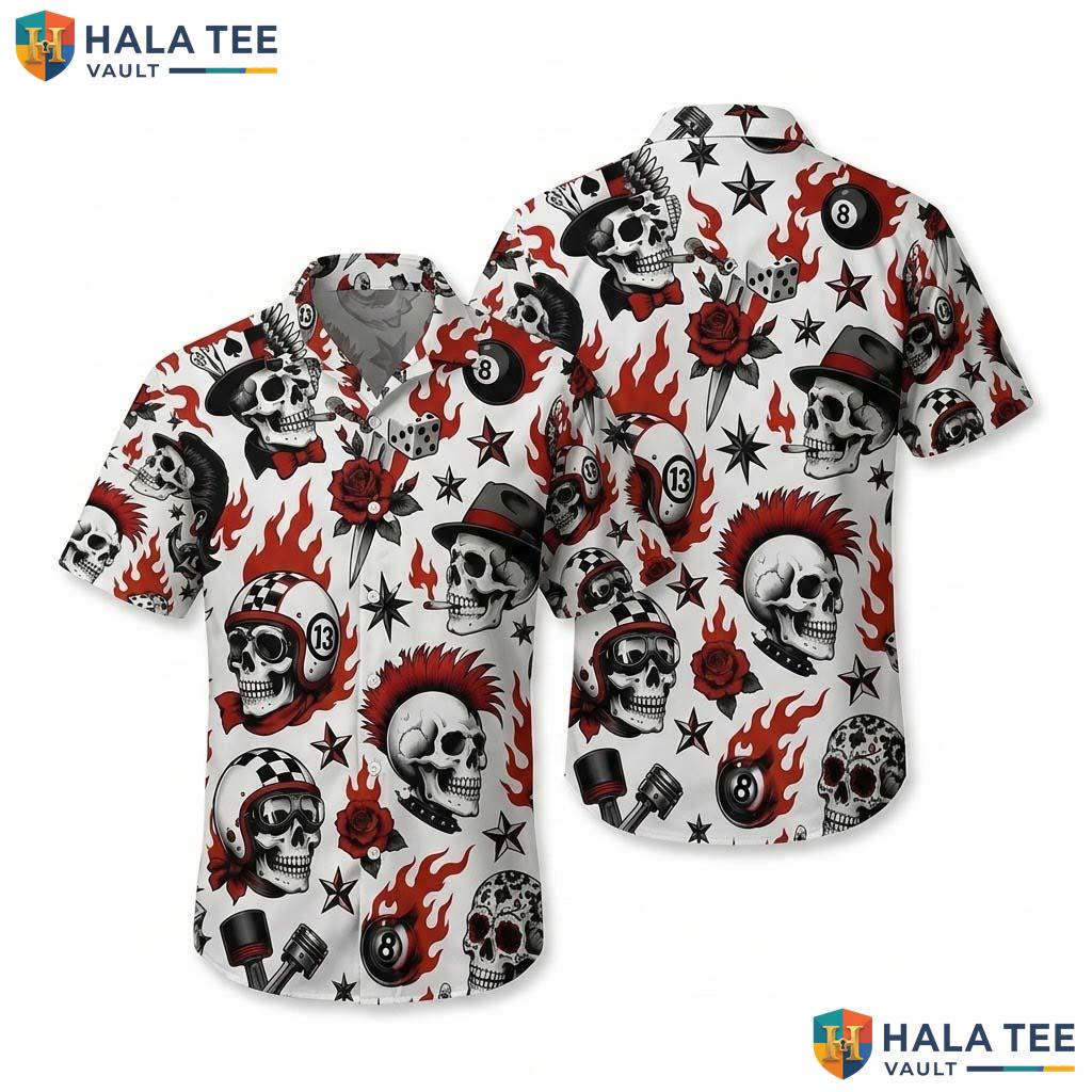 Punk Skull Halloween Hawaiian Shirt Gothic Rockabilly Tattoo Aloha