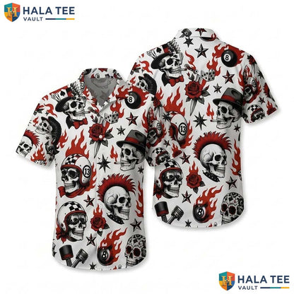 Punk Skull Halloween Hawaiian Shirt Gothic Rockabilly Tattoo Aloha