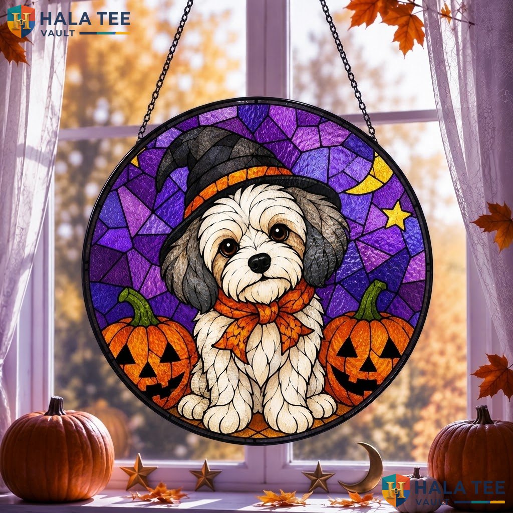 Puppy Witch Halloween Stained Glass Suncatcher Spooky Pet Lover Unique Accent