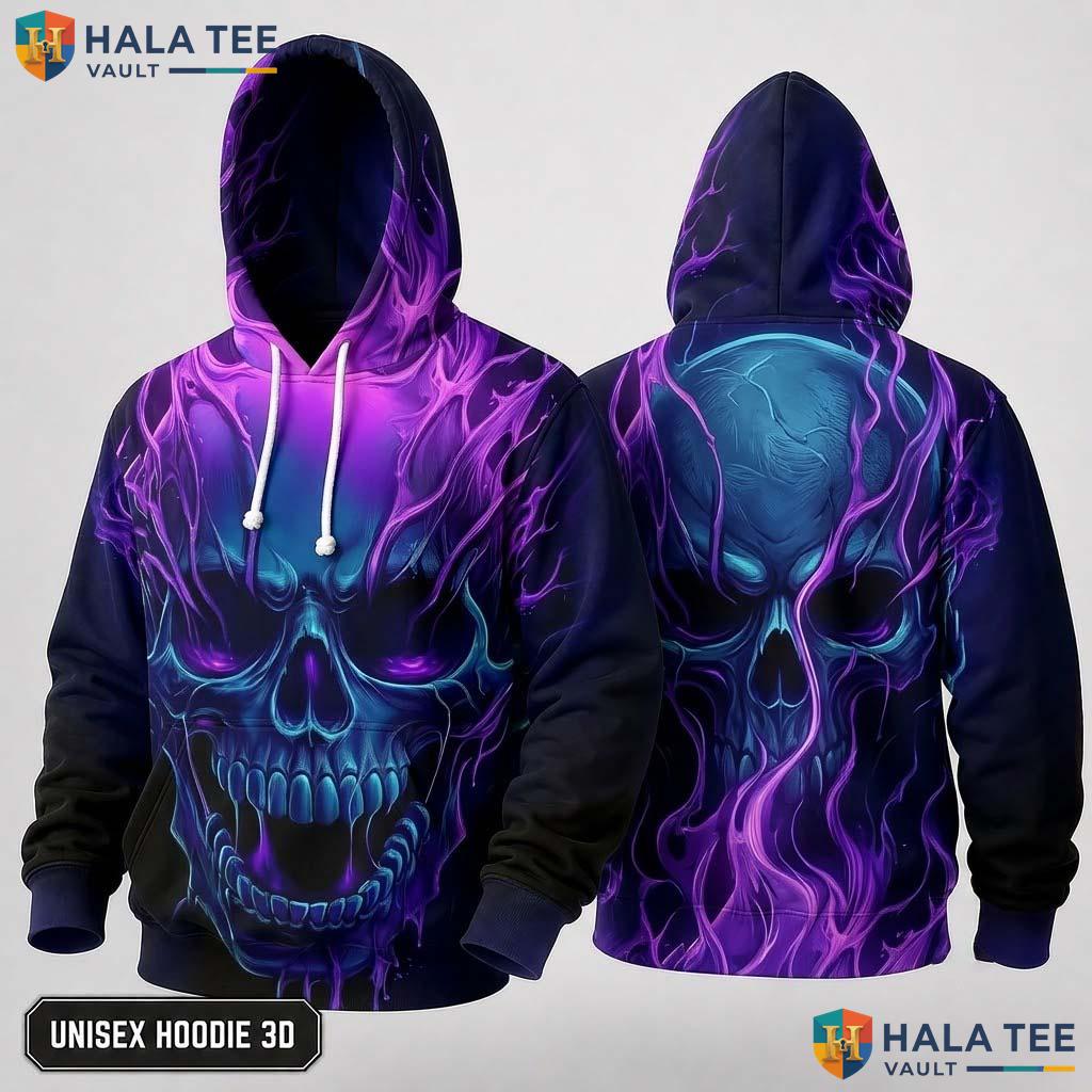 Purple Fire Skull 3D Hoodie Men Women Graphic Novelty Pullover Apparel