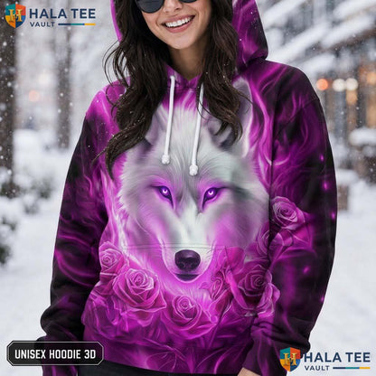 Purple Flame Wolf Hoodie Men Women 3D Graphic Skull Novelty Pullover AOP Hoodie
