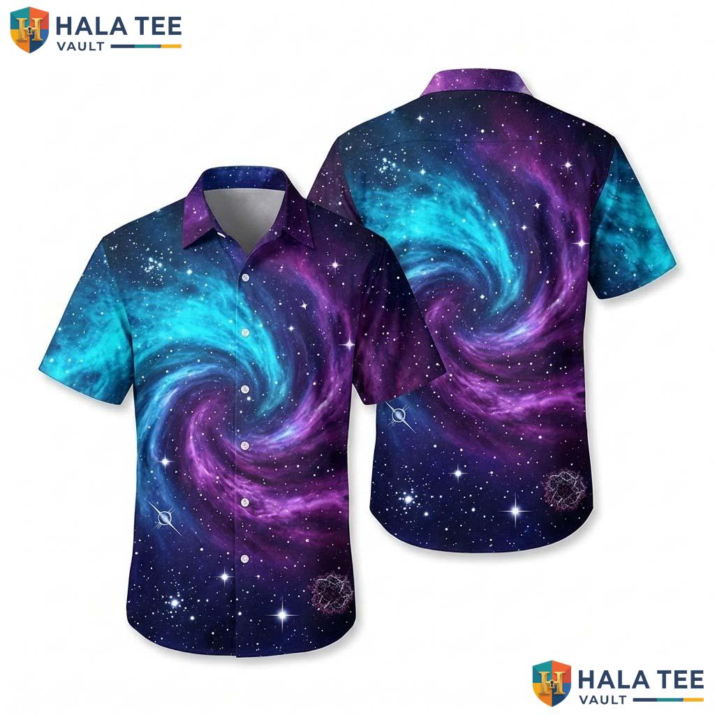 Purple Galaxy Horse Aloha Shirt Vibrant Cosmic Short Sleeve Button Down Top