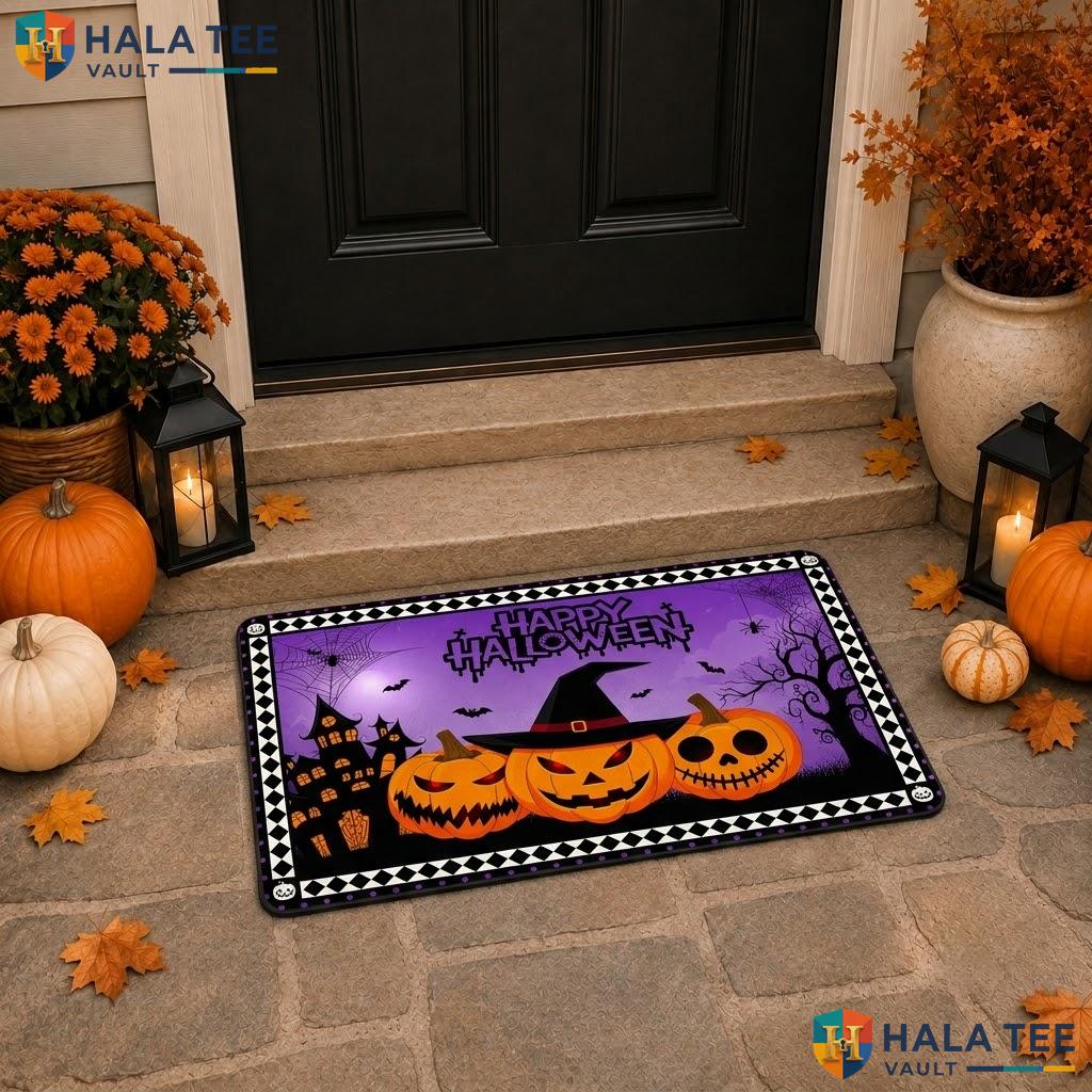 Purple Grimace Bats Halloween Doormat Haunted Castle Plaid Welcome Porch Rug