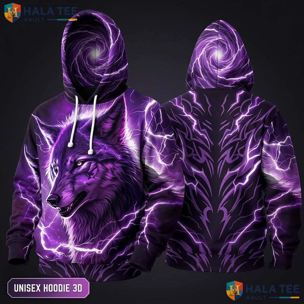 Purple Lightning Strike Wolf 3D Hoodie Vintage Graphic Pullover Top