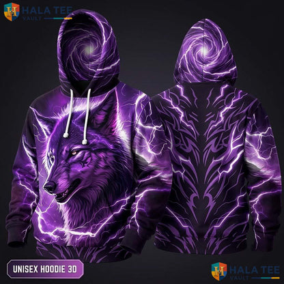 Purple Lightning Strike Wolf 3D Hoodie Vintage Graphic Pullover Top