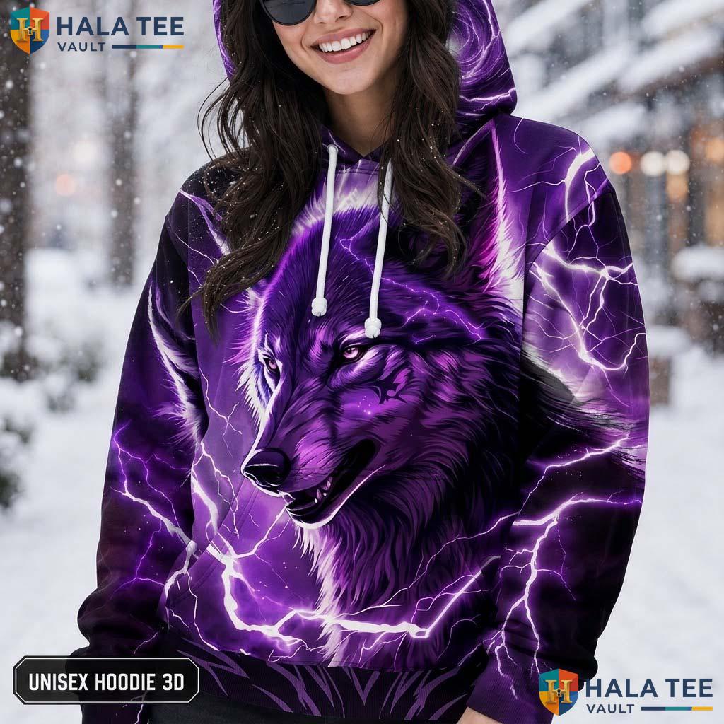 Purple Lightning Strike Wolf 3D Printed Hoodie Vintage Graphic Pullover Top