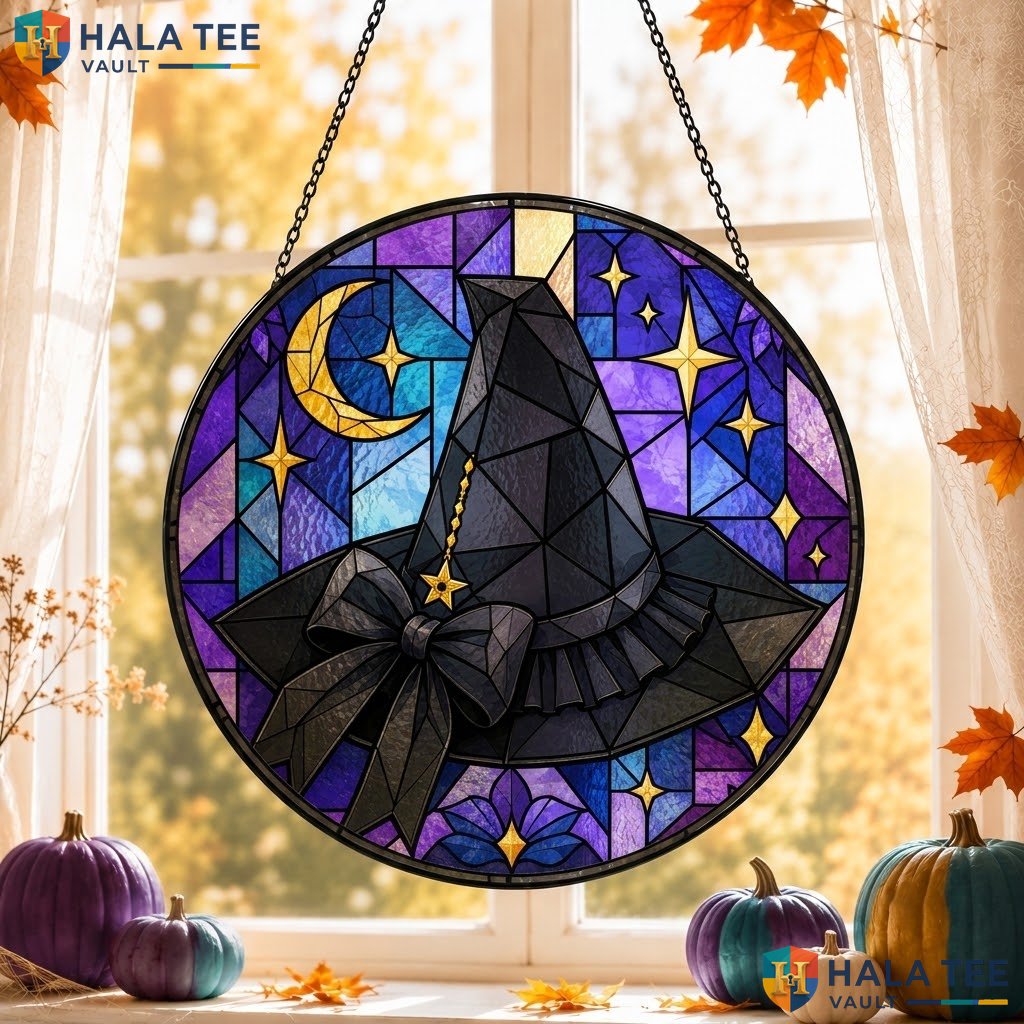 Purple Moon Witch Halloween Stained Glass Suncatcher Vintage Star Decor Gift