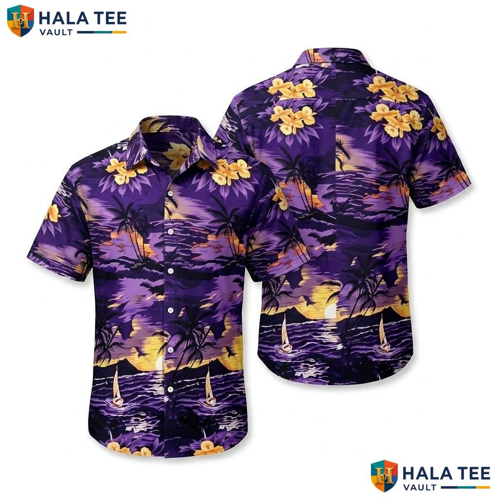 Purple Palm Tree Hawaiian Shirt Mens Tropical Casual Summer Beachwear