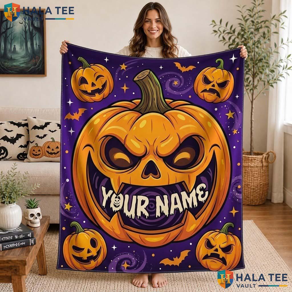 Purple Pumpkin Halloween Blanket Custom Name Cute Kids Cozy Throw