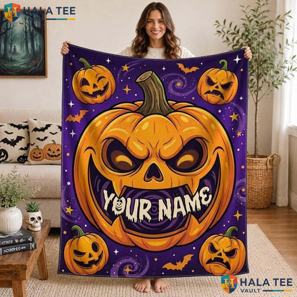 Purple Pumpkin Halloween Blanket Custom Name Cute Kids Cozy Throw