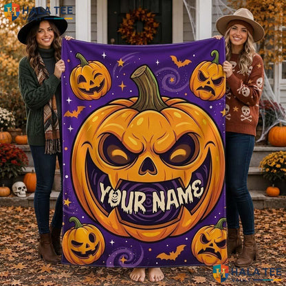 Purple Pumpkin Halloween Blanket Custom Name Cute Kids Cozy Throw