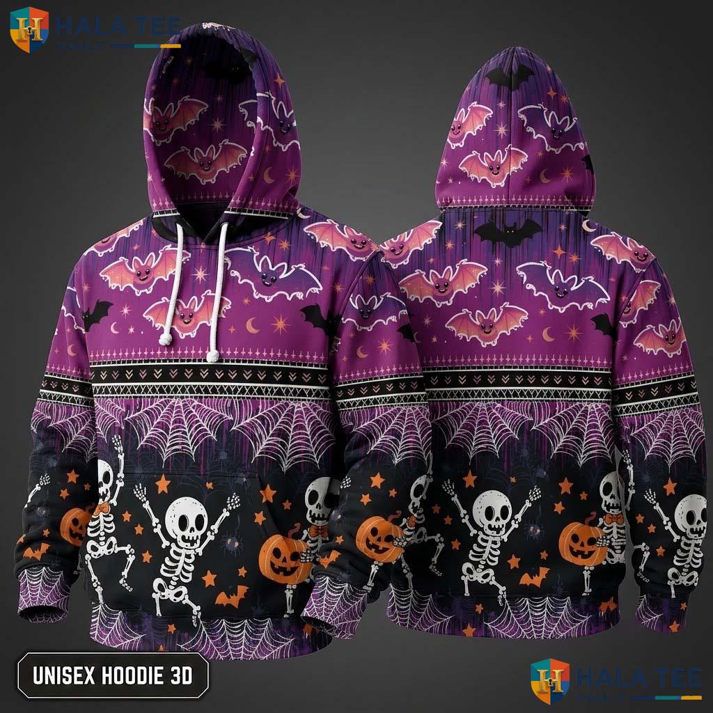 Purple Skeleton Pumpkin Bat 3D Hoodie Whimsical Vibrant Pullover Top