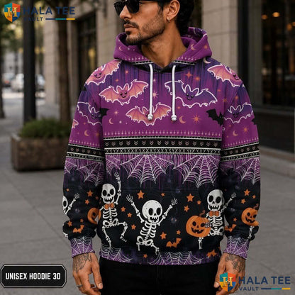 Purple Skeleton Pumpkin Bat 3D Printed Hoodie Whimsical Vibrant Pullover Top