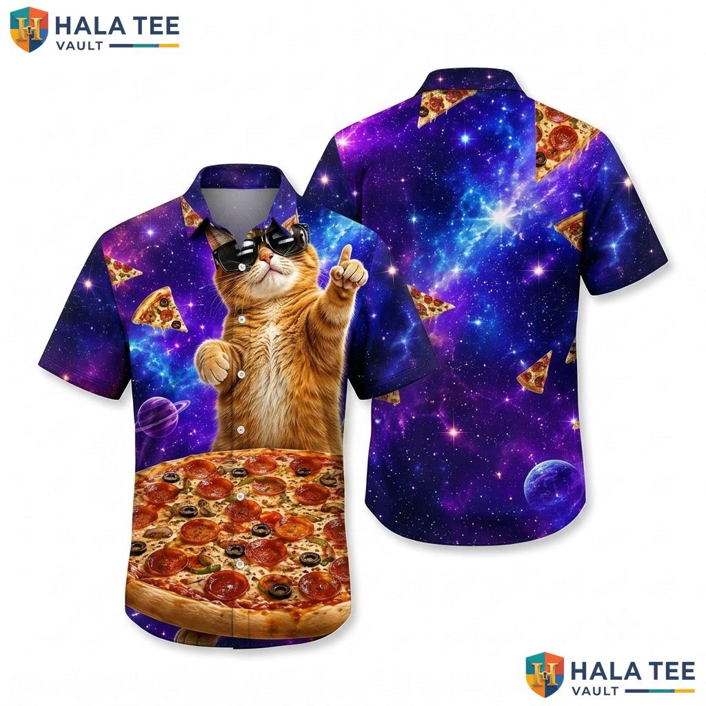 Quirky Cat Pizza Hawaiian Shirt Vibrant Cosmic Graphic Mens Button Down