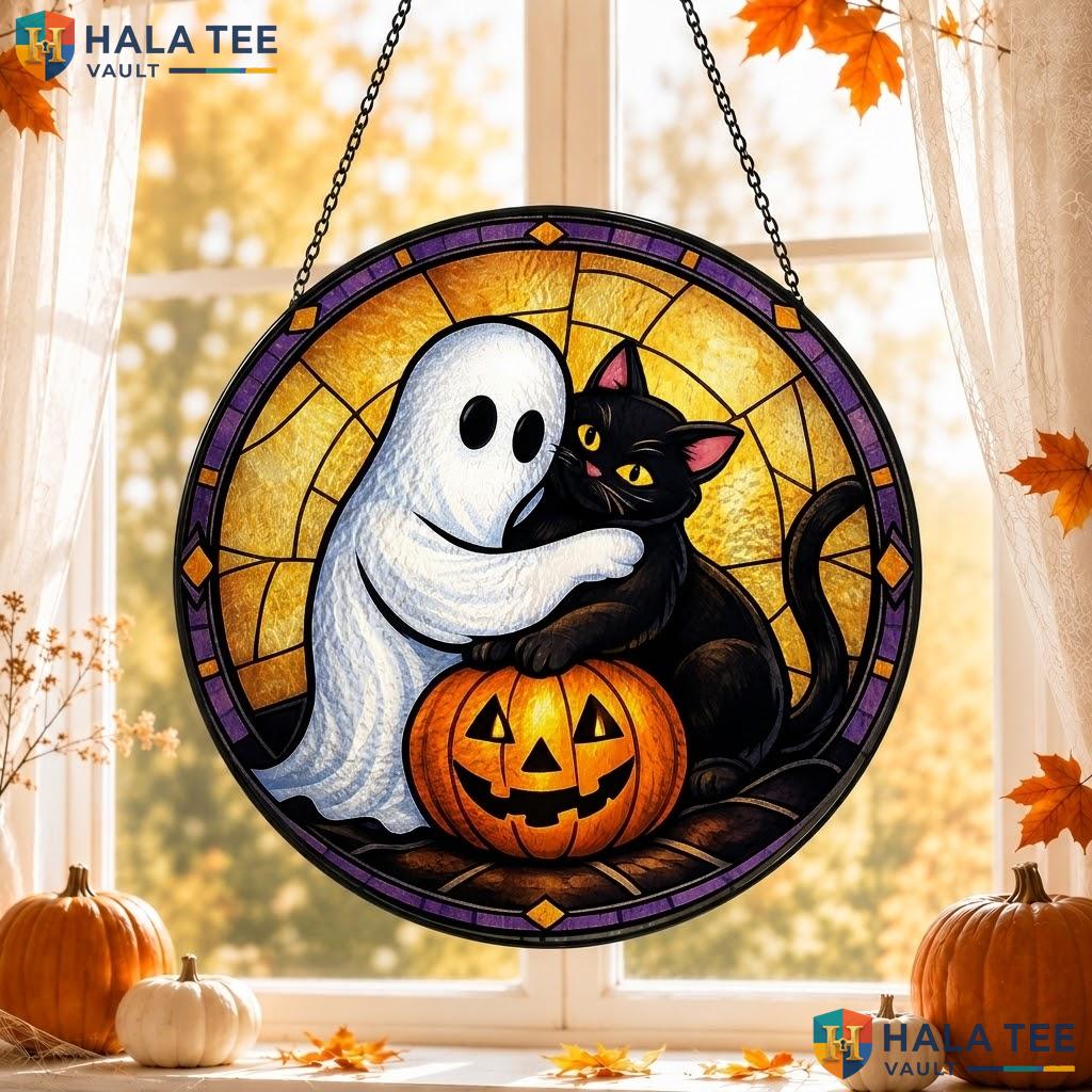 Quirky Cat Pumpkin Stained Glass Suncatcher, Funny Ghost Halloween Decor
