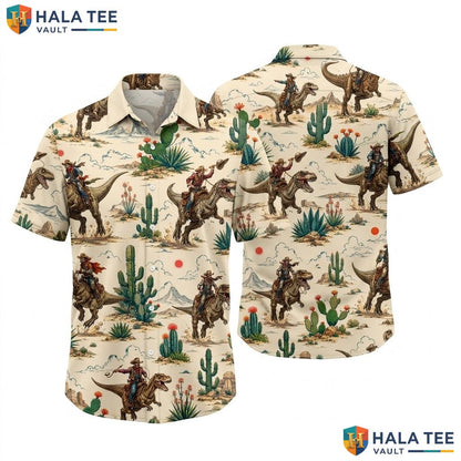 Quirky Cowboy Dinosaur Hawaiian Shirt Vintage Summer Button Down Mens Beach Top