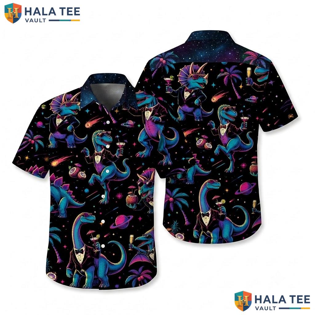 Quirky Dinosaur Cosmic Hawaiian Shirt Vibrant Cartoon T Rex Palm Apparel