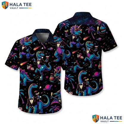 Quirky Dinosaur Cosmic Hawaiian Shirt Vibrant Cartoon T Rex Palm Apparel