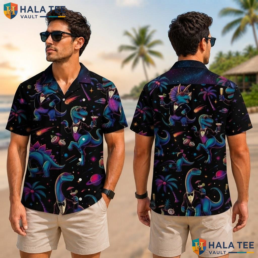 Quirky Dinosaur Cosmic Hawaiian Shirt Vibrant Cartoon T Rex Palm Apparel Adult