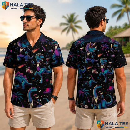 Quirky Dinosaur Cosmic Hawaiian Shirt Vibrant Cartoon T Rex Palm Apparel Adult