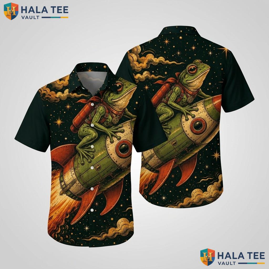 Quirky Frog Astronaut Hawaiian Shirt Vibrant Graphic Print Summer Vacation