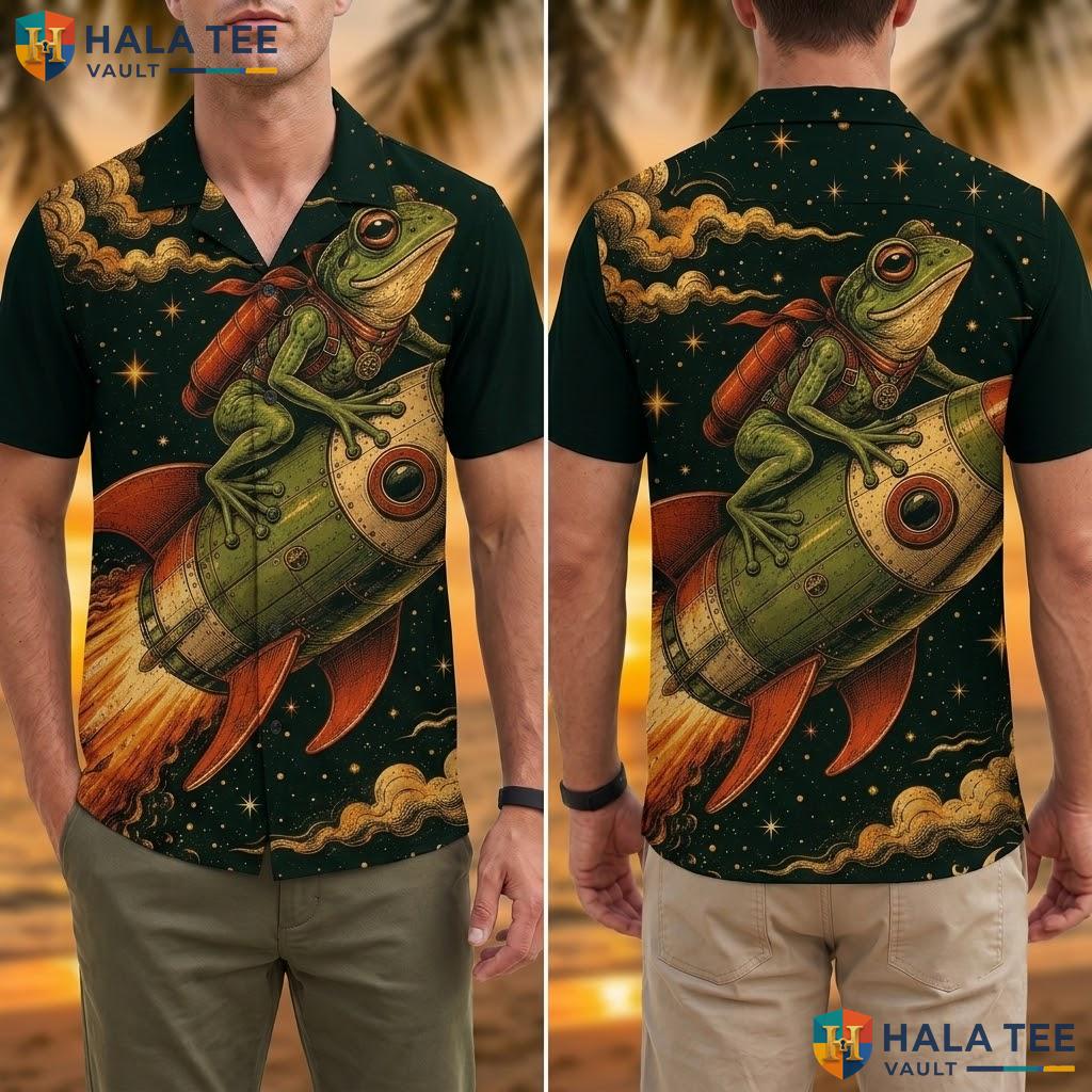 Quirky Frog Astronaut Hawaiian Shirt Vibrant Graphic Print Summer Vacation Adult