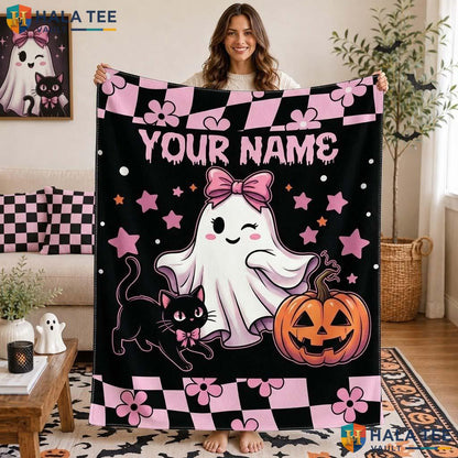 Quirky Ghost Cat Halloween Blanket Custom Name Kids Cozy Throw Decor