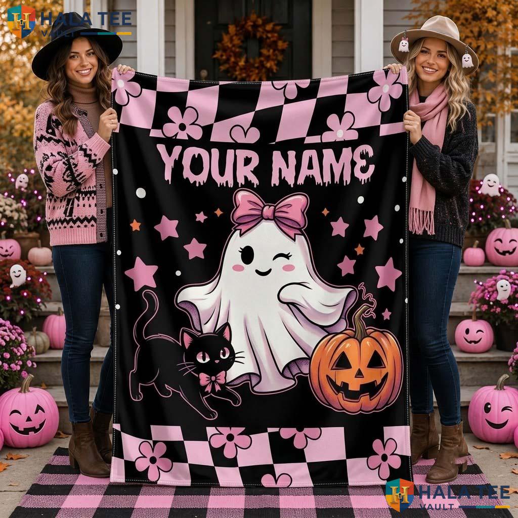 Quirky Ghost Cat Halloween Blanket Custom Name Kids Cozy Throw Decor