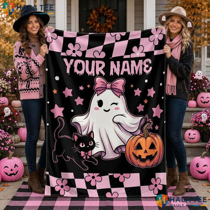 Quirky Ghost Cat Halloween Blanket Custom Name Kids Cozy Throw Decor