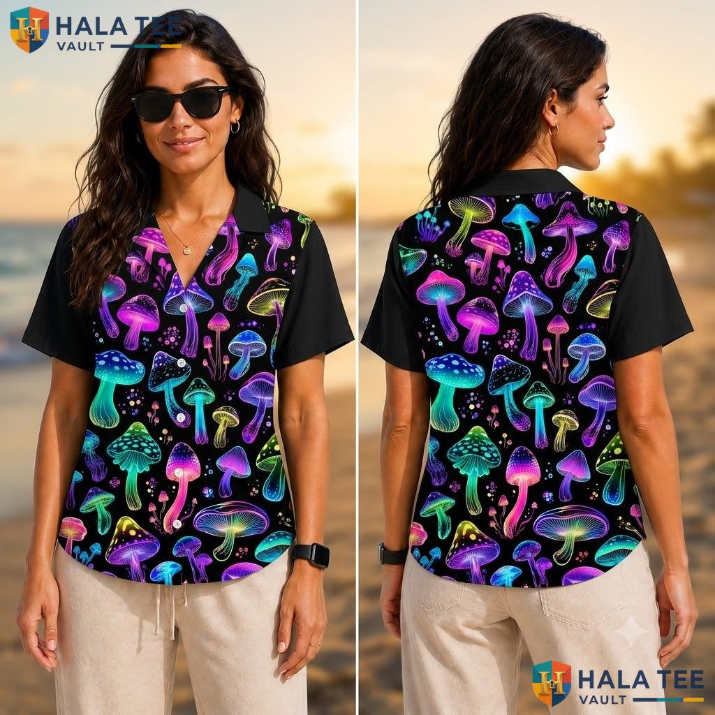 Quirky Mushroom Graphic Hawaiian Shirt Colorful Psychedelic Beach Apparel Adult