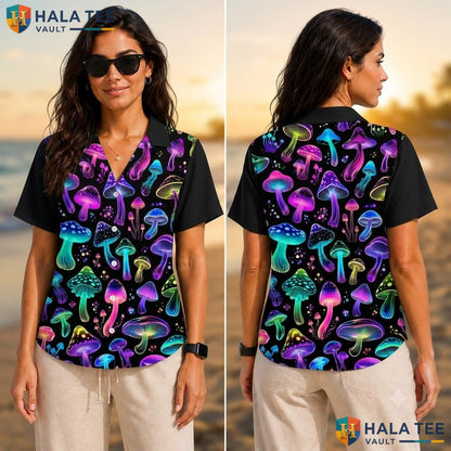 Quirky Mushroom Graphic Hawaiian Shirt Colorful Psychedelic Beach Apparel Adult