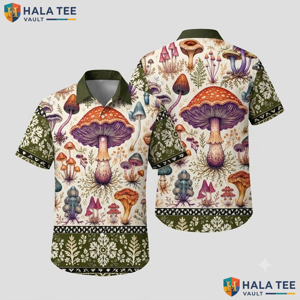 Quirky Mushroom Hawaiian Shirt Vibrant Fungi Nature Lover Button Down