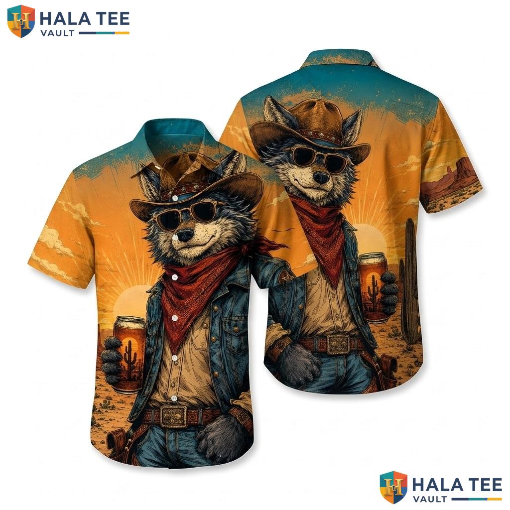 Quirky Raccoon Cowboy Hawaiian Shirt Colorful Graphic Print Summer Vacation