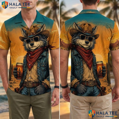 Quirky Raccoon Cowboy Hawaiian Shirt Colorful Graphic Print Summer Vacation Adult