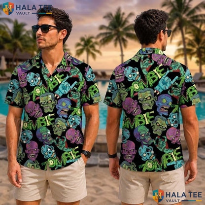 Quirky Zombie Cartoon Tropical Shirt Vibrant Short Sleeve Button Up For Men