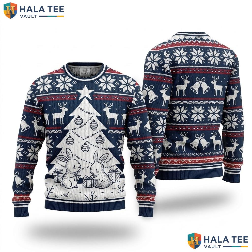 Rabbit Vintage Tree Gifts Ugly Christmas Sweater Playful Holiday Apparel