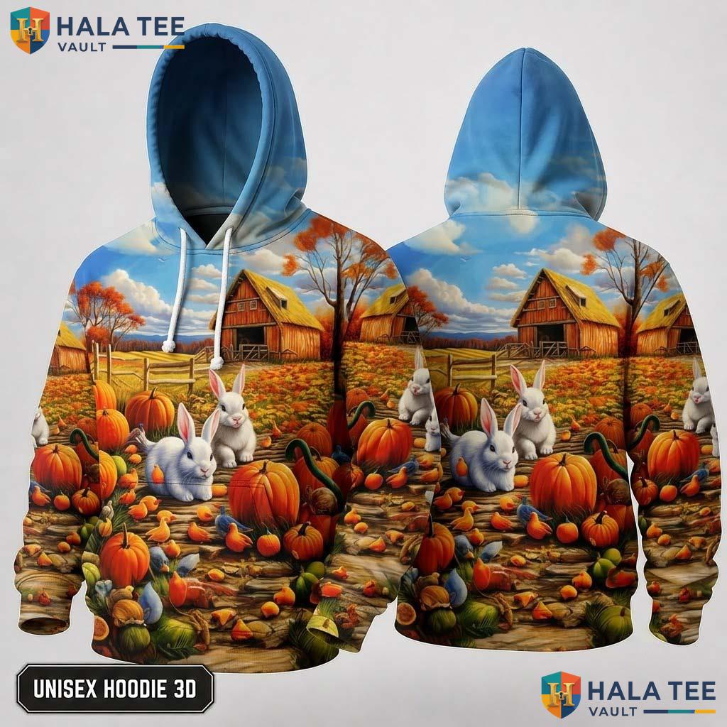 Rabbits Foliage Farm Thanksgiving 3D Hoodie Whimsical Cozy Pumpkins