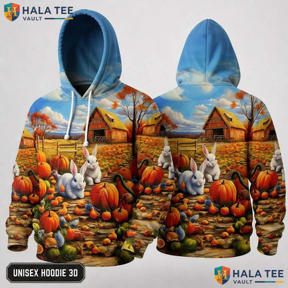 Rabbits Foliage Farm Thanksgiving 3D Hoodie Whimsical Cozy Pumpkins
