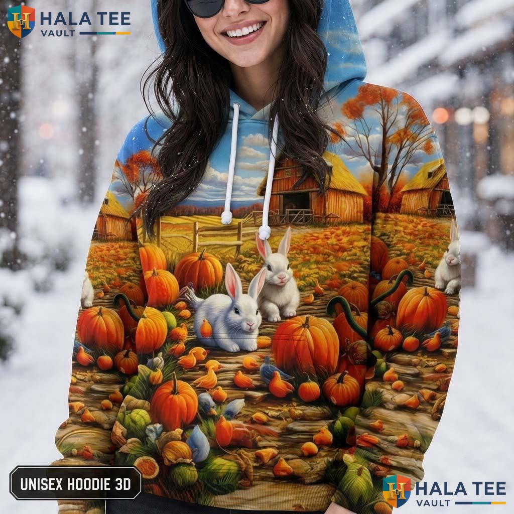 Rabbits Foliage Farm Thanksgiving 3D Printed Hoodie Whimsical Cozy Pumpkins