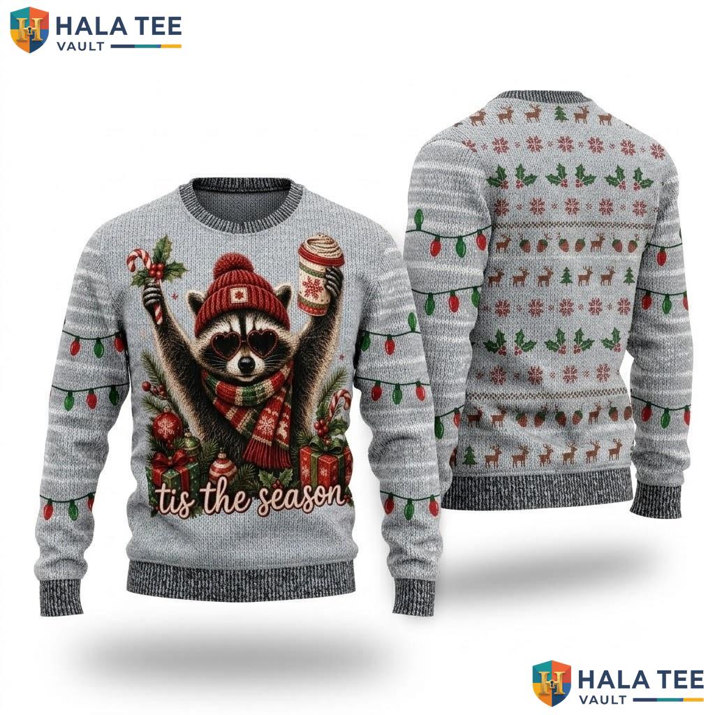 Raccoon Candy Cane Ugly Christmas Sweater Festive Cocoa Xmas Pullover