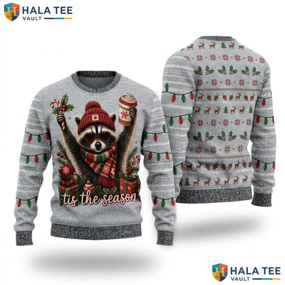 Raccoon Candy Cane Ugly Christmas Sweater Festive Cocoa Xmas Pullover