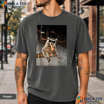 Raccoon Eating Hot Dogs Comfort Colors T-Shirt Funny Hungry Trash Panda Top